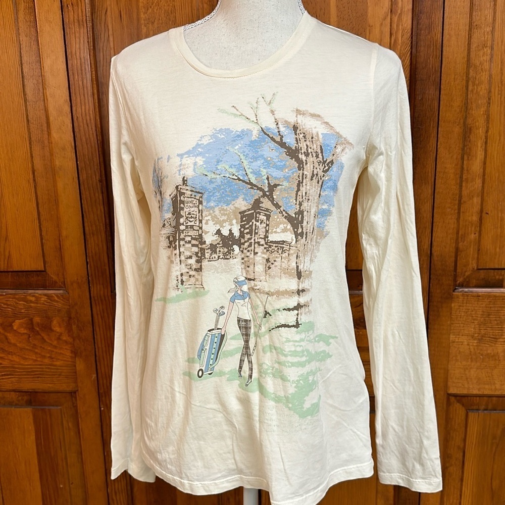 Izod Gold Graphic Design Cream Longsleeved Lightweight Cotton Scoop Neck Tee Med
